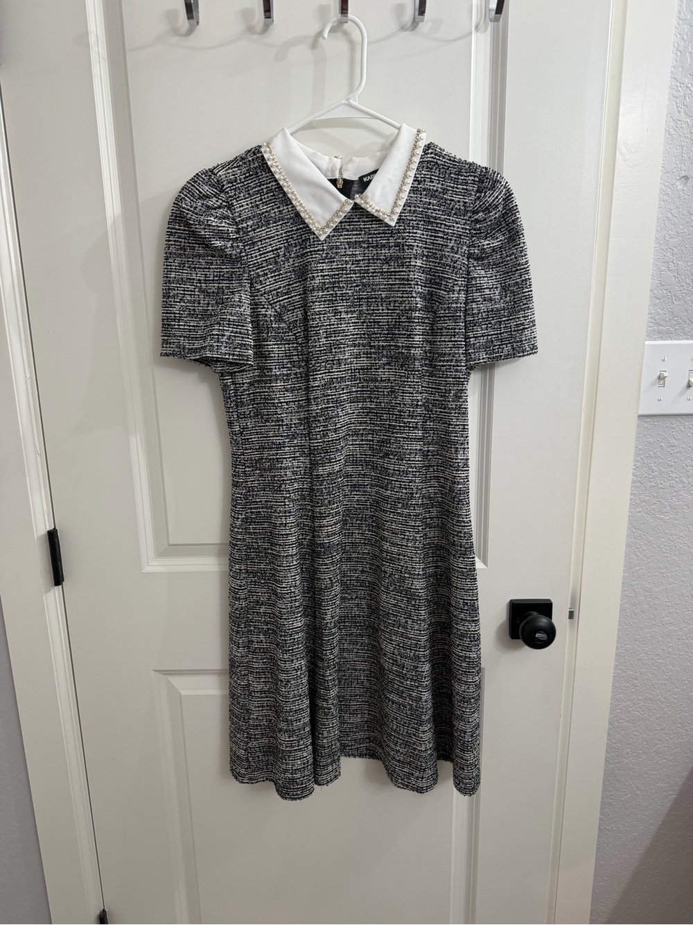 Karl Lagerfeld Black-and-White Tweed Midi Dress with White Collar